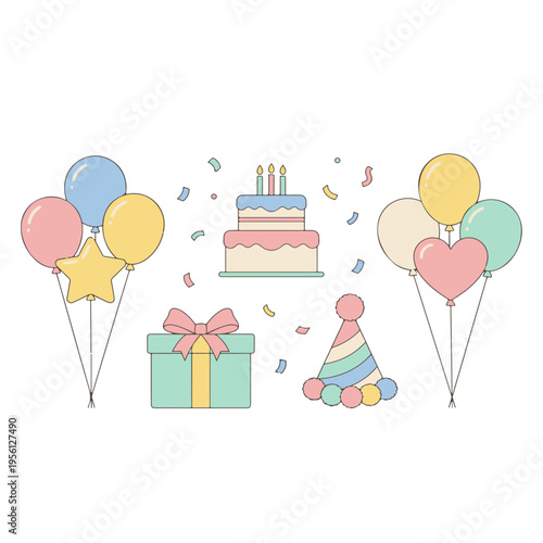 Pastel Birthday Party Elements Vector Set with Balloons Cake and Gift