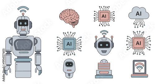 Artificial Intelligence and Machine Learning Outline Vector Icon Set