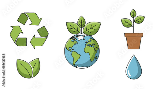 Ecology and Sustainability Outline Vector Icon Set