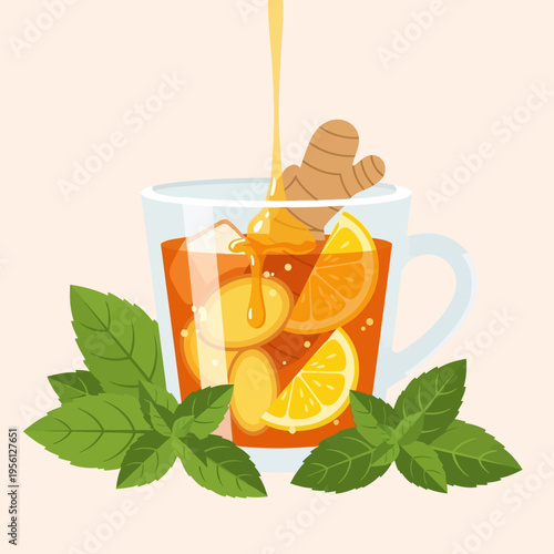 A refreshing glass mug filled with iced tea, garnished with lemon slices, ginger root, and fresh mint leaves, with honey being drizzled in.