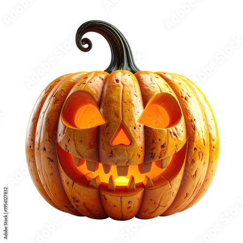 Carved Jack-o'-Lantern with glowing interior, isolated against black background