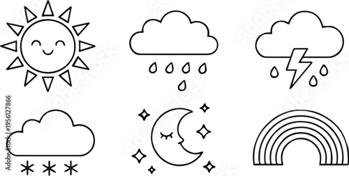 weather simple line icons sun cloud rain thunder snow moon rainbow set