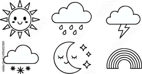 weather icons sun cloud rain thunder snow moon rainbow line art vector