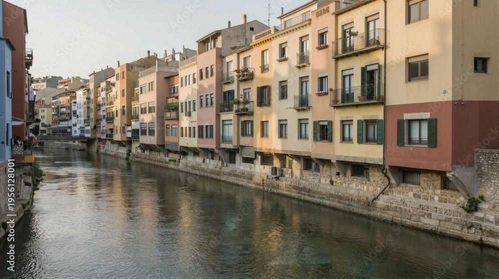 Obraz premium Warm evening light illuminates a picturesque riverside scene in a historic area with colorful buildings and tranquil waterway.