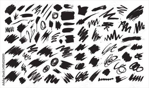 A collection of various black brush strokes and abstract shapes on white background