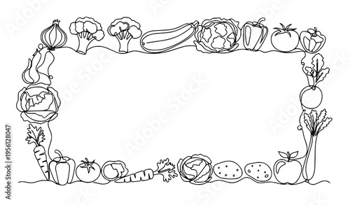 Vegetables and fruits doodle border frame continuous line drawing food outline vector with copy space isolated on white