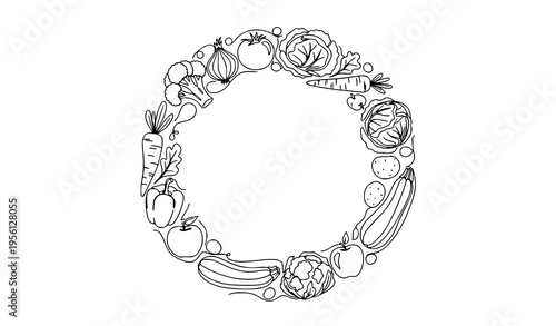 Vegetable and fruit wreath continuous line drawing circular doodle frame organic food vector isolated on white
