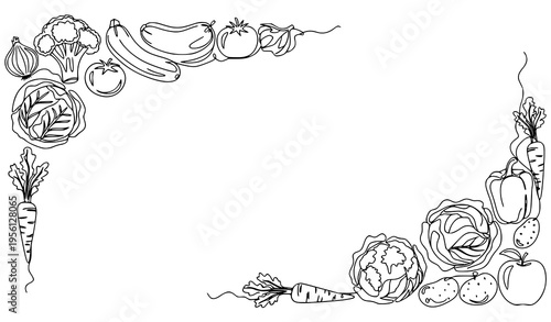 Vegetables doodle corner frame continuous line drawing fruits and healthy food outline vector isolated on white