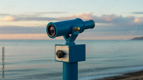 A blue coin operated telescope on a beach by the ocean