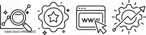 analytics icon set line magnifier graph badge web gear