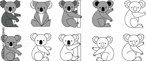 Koala Outline and Flat Vector Set Featuring Cute Bear Characters Sitting Climbing Geometric and Line Art Styles for Kids Design Illustration Collection
