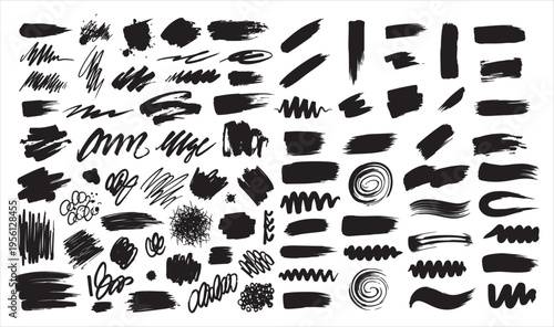 Collection of various black brush strokes and abstract shapes on white background