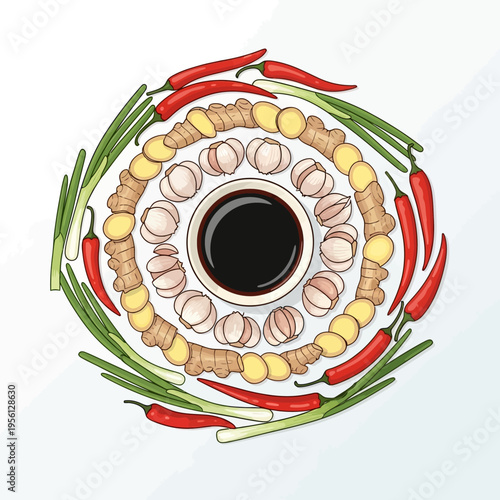 A circular arrangement of fresh ingredients including chili peppers, ginger, garlic, and green onions surrounding a bowl of soy sauce.