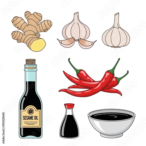 A vibrant illustration showcasing essential ingredients for Asian cuisine, including ginger, garlic, chili peppers, sesame oil, and soy sauce.
