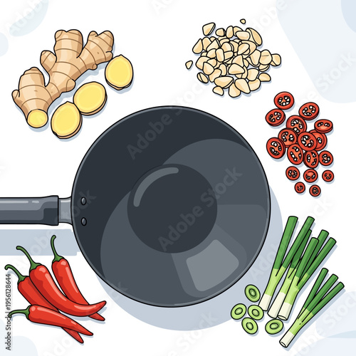 Overhead view of a wok surrounded by fresh ingredients including ginger, garlic, chili peppers, cherry tomatoes, and scallions, ready for cooking.