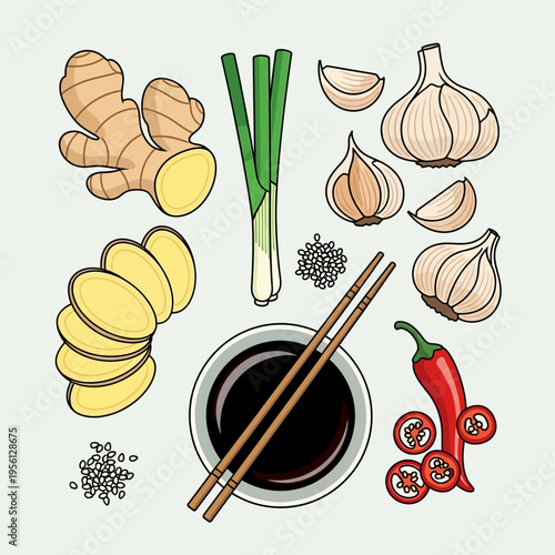 A vibrant illustration showcasing a collection of fresh Asian cooking ingredients, including ginger, garlic, scallions, chili peppers, and soy sauce, arranged artfully.