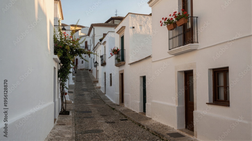 Fototapeta premium A narrow cobblestone street in a historic European town leads upwards to a fence, lined with white buildings and red flowers in pots on balconies under a clear blue sky.