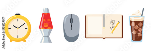 Collection of various everyday items including an alarm clock, lava lamp, computer mouse, open notebook, and refreshing iced coffee drink.