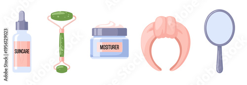 Skincare beauty products and tools collection for daily facial routine and self-care rituals, featuring serum, roller, moisturizer, headband, and mirror.