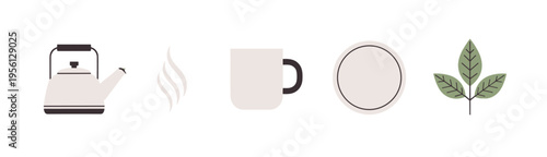 Hot beverage preparation icons set featuring a kettle, steaming mug, saucer, and fresh tea leaves, illustrating a cozy drink concept.