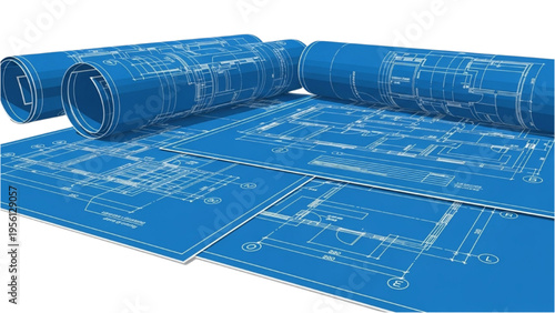 Rolled blueprints spread on a surface for architecture planning
