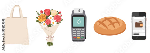 Everyday shopping items and payment methods are displayed, including a tote bag, flower bouquet, POS terminal, bread, and smartphone wallet.