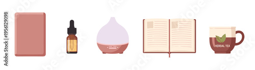 Various wellness and self-care items arranged in a neat row, including a soap bar, essential oil, diffuser, open book, and herbal tea mug, promoting a sense of calm and well-being.