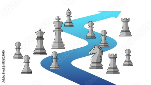 Chess Pieces Strategy SVG Vector with Winding Path Arrow for Business Leadership and Tactical Planning Concepts