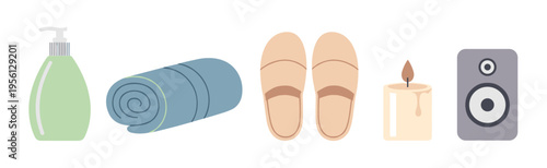 Spa and relaxation items collection for personal care and comfort, featuring a rolled towel, soft slippers, a lit candle, and a speaker for ambiance.