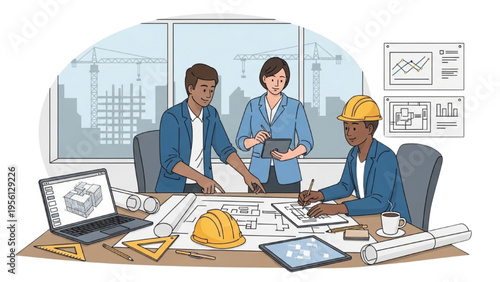 Engineers and architect discuss construction plans at office desk with blueprints