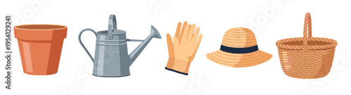 Gardening tools and accessories, such as a terracotta pot, watering can, protective gloves, straw hat, and wicker basket, are essential for spring planting.