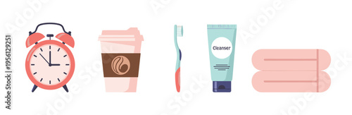 Various morning routine objects including an alarm clock, coffee cup, toothbrush, cleanser, and towels are neatly arranged in a flat design illustration.