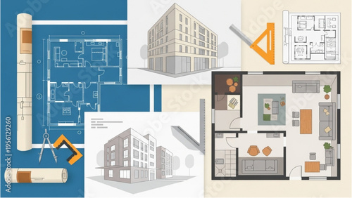 Architects design blueprints and models of a modern building structure