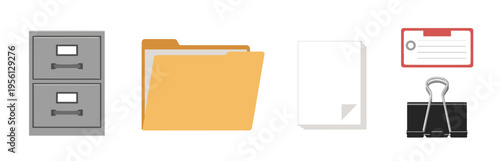 Office supplies and document management items are neatly arranged, including a filing cabinet, folder, papers, label, and binder clip, representing organization and administration.