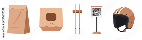 Various food delivery items including paper bags, chopsticks, a QR code, and a retro motorcycle helmet for convenient takeaway services.