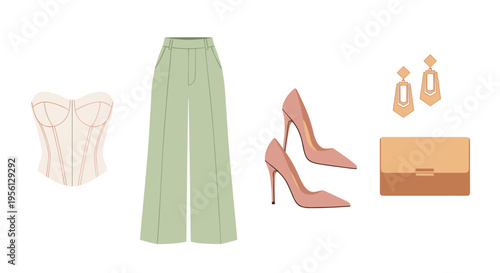Women's fashion outfit elements including a corset, trousers, and accessories like high heels, a clutch bag, and elegant earrings for a stylish look.