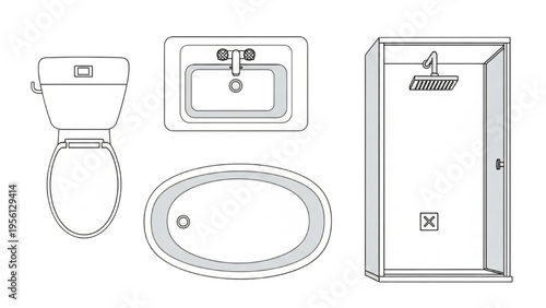 Bathroom fixtures including toilet, sink, bathtub, and shower are illustrated.