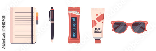 Everyday essentials collection including notebook, pen, protein bar, hand cream, and sunglasses, neatly arranged in a modern flat vector illustration style.