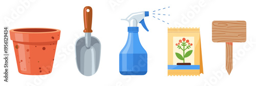 Gardening tools and supplies collection features a terracotta pot, metal trowel, blue spray bottle, seed packet, and wooden garden sign, ready for planting.
