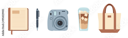 Everyday objects collection features a notebook, pen, instant camera, iced coffee, and a tote bag, representing modern lifestyle essentials.