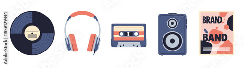 Music equipment collection featuring vinyl record, headphones, cassette tape, speaker, and a band poster, representing various forms of audio entertainment.