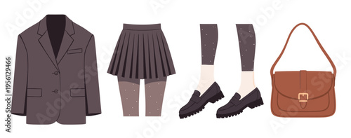 Fashionable clothing and accessories collection featuring a blazer, pleated skirt, loafers, and shoulder bag for a stylish, modern look.