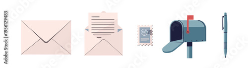 Postal service elements, including envelopes, a stamp, a mailbox, and a pen, are neatly arranged in a flat vector illustration for communication.