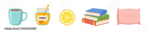 Mug, honey, lemon, books, and a soft pillow are essential items for a cozy and relaxing evening, promoting comfort and well-being.