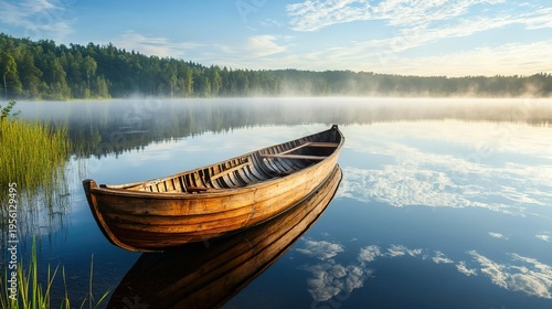 skiff. A slender wooden skiff floats on a mirror-calm lake at dawn, surrounded by a serene, misty morning atmosphere. travel magazines.