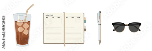 Essential items for daily planning and relaxation, including iced coffee, a planner, pen, and sunglasses, are displayed in a clean, illustrative style.