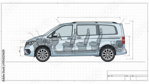 Detailed illustration of a minivan with seats and dimensions shown
