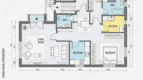 A floor plan illustration of a modern house interior with rooms and furniture layout