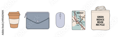Everyday objects collection featuring a disposable coffee cup, a small zippered pouch, a computer mouse, a public transit map, and an eco-friendly tote bag with sustainability message.