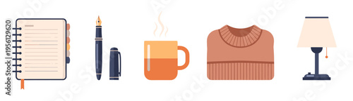 Cozy work from home essentials collection illustration featuring a notebook, fountain pen, steaming mug, warm sweater, and a table lamp.